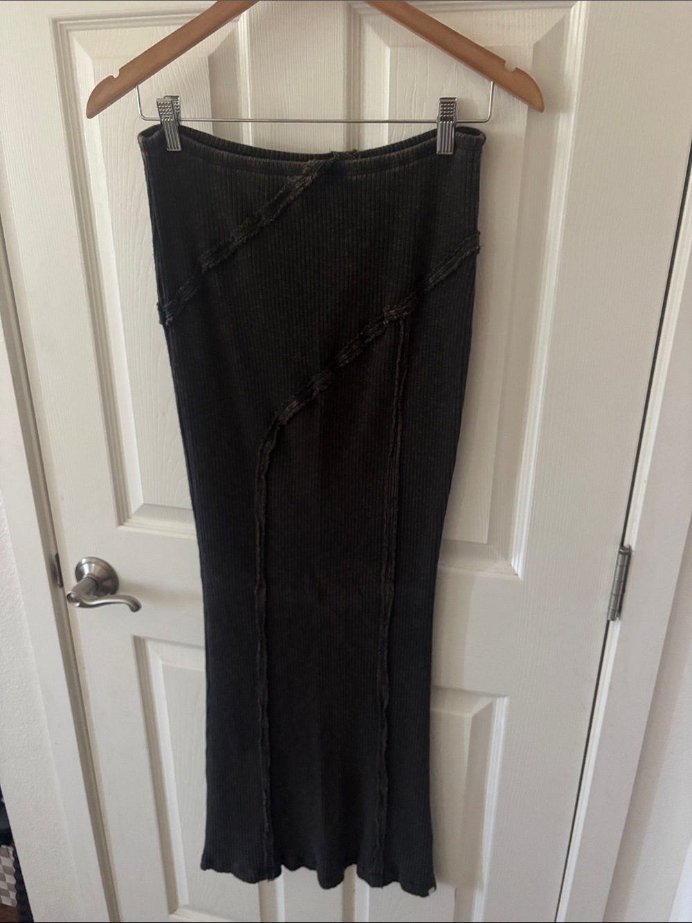 BDG Black Ribbed Maxi Skirt with Raw-Seam Detail